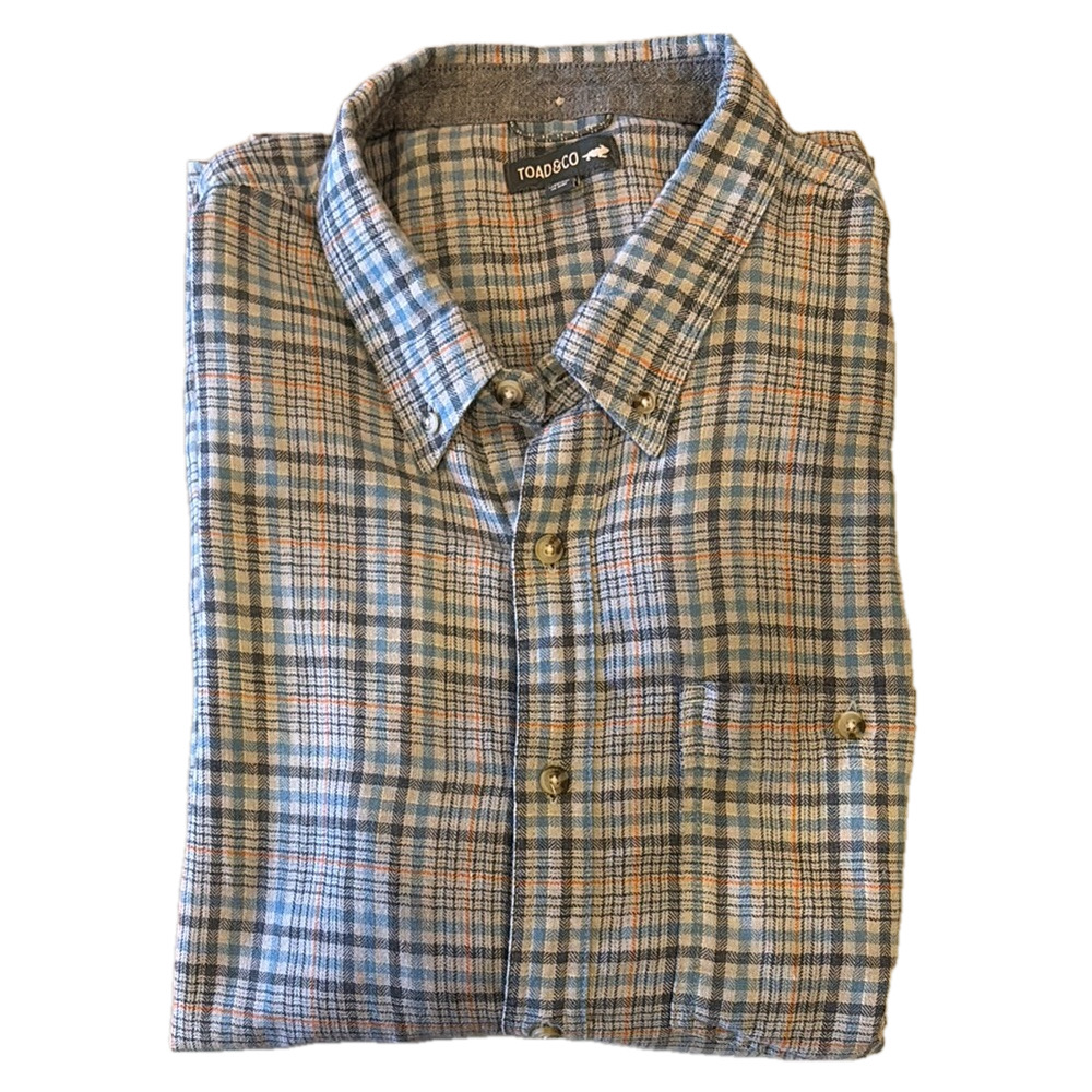 Toad & Co Mens XL Brown Checkered Blue Plaid Flannel Button Down Shirt